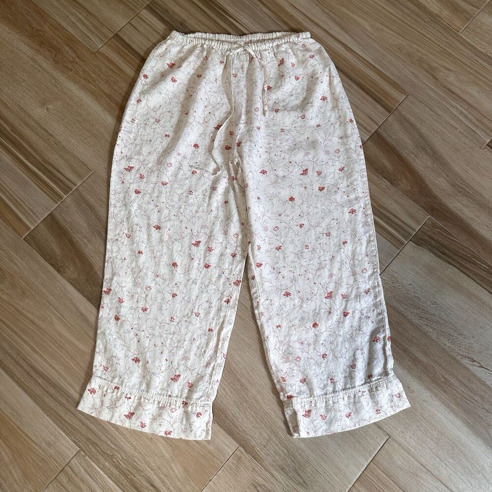 Flax By Jeanne Engelhart Floral Ivory Floral Linen Drawstring Cropped Pants M